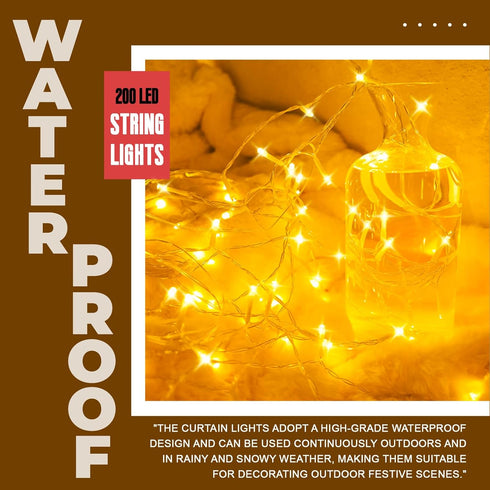 Curtain Light for Bedroom, 200LED 6.6x6.6ft Warm White Fairy String Light for Wedding Party
