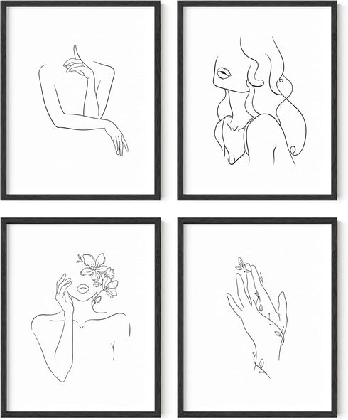 RipGrip Minimalist Line Art Prints Set of 4, Aesthetic Black and White Wall Art Painting (Unframed, 11x14)