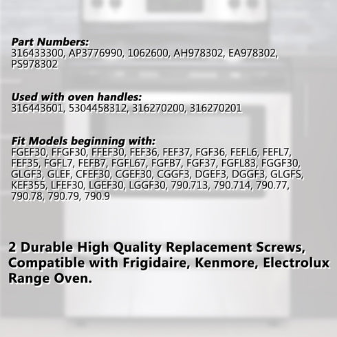 316433300 Black Metal Screw for Range Oven Door Handle Compatible with Frigidaire, Kenmore, Electrolux (2PACK)