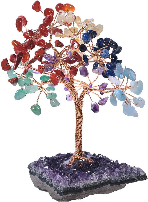 mookaitedecor 7 Chakra Crystal Tree with Amethyst Cluster Crystals Base, Home Decor for Reiki and Good Luck