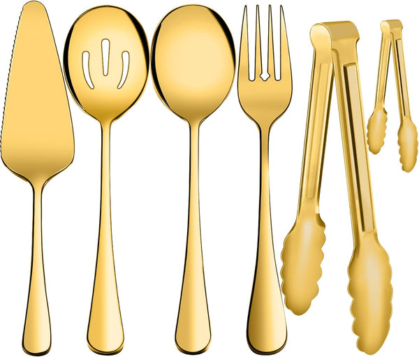 XEVOM 6-Piece Stainless Steel Serving Utensil Set, Includes Serving Spoon, Slotted Spoon, Fork, Tong
