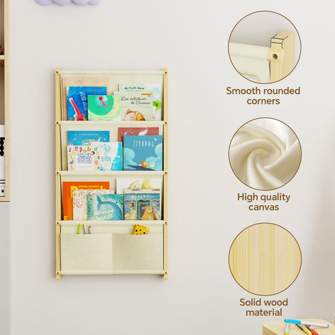BPMFDTNL 4-Tier Wood Wall Mounted Kids Bookshelf Floating Book Shelf For Kids Rooms,Nursery & Classroom, Hanging