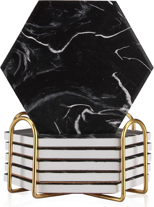 Cool Black Marble Coaster Set with Holder, Hexagon Absorbent Coasters, Modern Ceramic 6 Pack for Beverage Decor