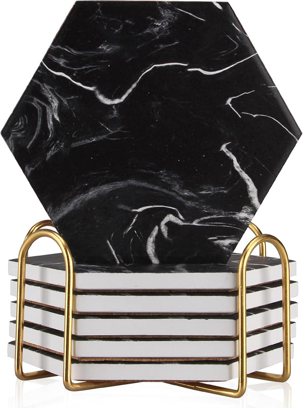 Cool Black Marble Coaster Set with Holder, Hexagon Absorbent Coasters, Modern Ceramic 6 Pack for Beverage Decor