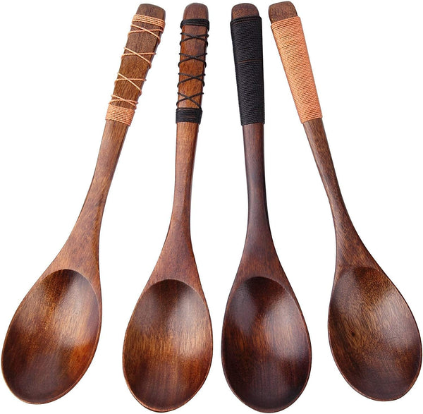 4pc Handmade Japanese Style Wooden Soup Spoons with Tied Line on Handle