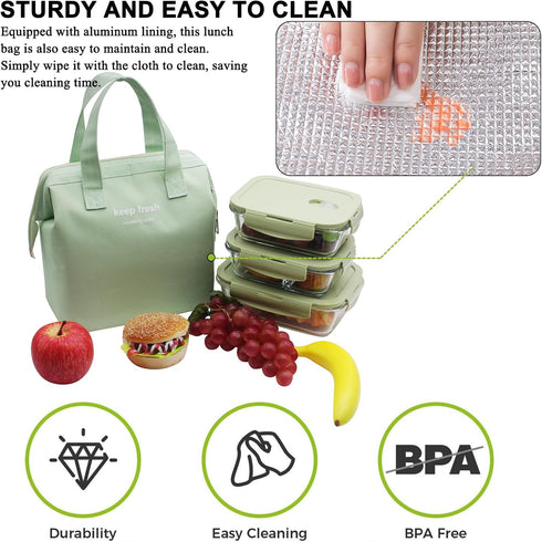 Mziart Insulated Lunch Bag, Simple Bento Cooler Tote for Lunch Box, Light Green for Work, Picnic, Hiking