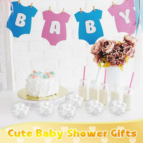 Threehoney 24 Pcs Baby Shower Mini Carriage Decoration White Goose Color Metal Wired Fillable Candy Stroller Baby