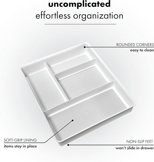Madesmart Classic 4-Compartment Drawer Organizer, Plastic Multipurpose Storage Bin for Drawers, White Gadget Tray.