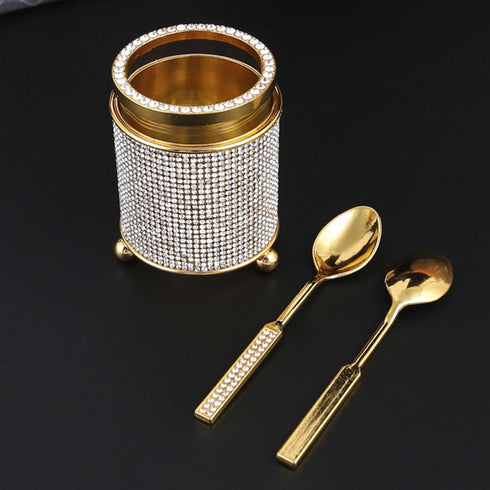 Coffee Spoons Set with Holder, Long Handle Dessert Spoons, Gold Glass Jar with 6 Metal Flatware Spoons