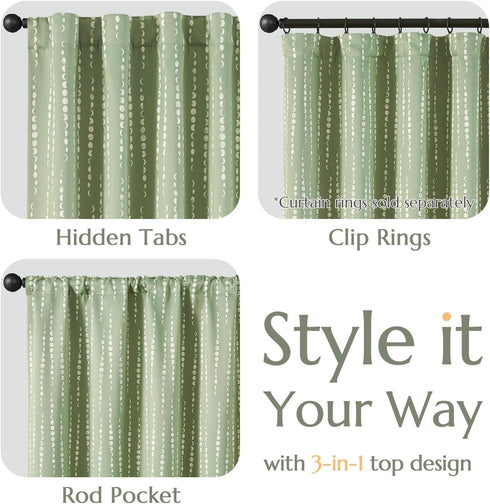 jinchan 95% 84 inch Set 2 Blackout Bohemian Moon Phase Print Bedroom Curtains Long sage Green Pole Pocket Rear tab