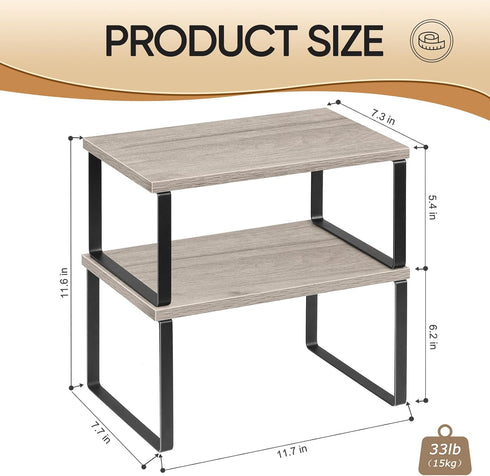 NEX Kitchen Cabinet and Counter Shelf Organizer, Set of 4, Stackable & Expandable, Black and Greige