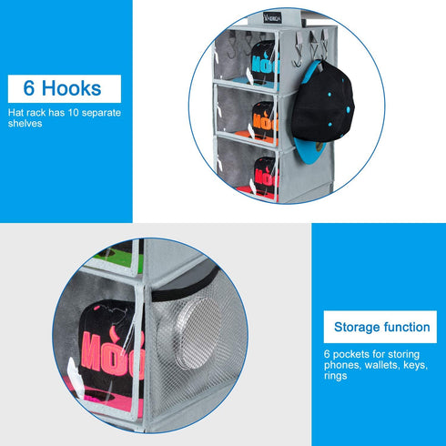 VAESIDA Hat Rack, 10 Shelf Upgraded Version Hat Organizer for Closet with Dust Shield & Side Mesh Storage Pockets, Hat