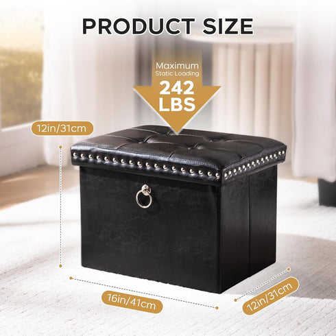 16x12x12 oakvivo Small Storage Ottoman Foot Rest Stool, in Foldable Leather Footstool Storage Bench with Rivet Design