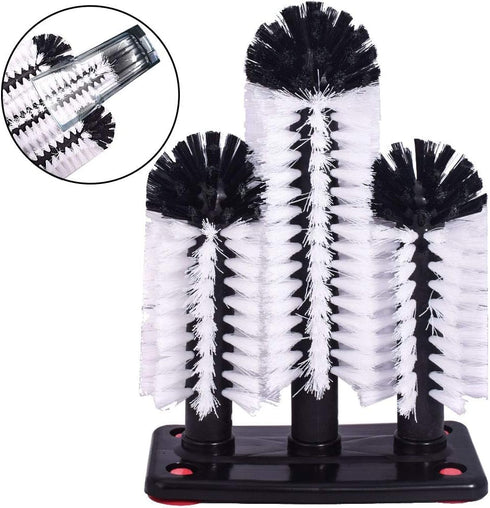 Water Bottle Cleaning Brush with Suction Base, 3 Head Bristle Brush for Beer Cup, Long Leg Cup, Red Wine Glass, Bar
