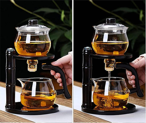 Set Set Lazy Kungfu Glass Tea Semi Automatic Drip Rotating with Infuser Glass Teapot