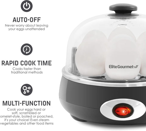Elite Gourmet EGC007CHC# Rapid Egg Cooker, 7 Easy-To-Peel Eggs, Poacher, Omelet Maker, Auto Shut-Off, Charcoal Grey