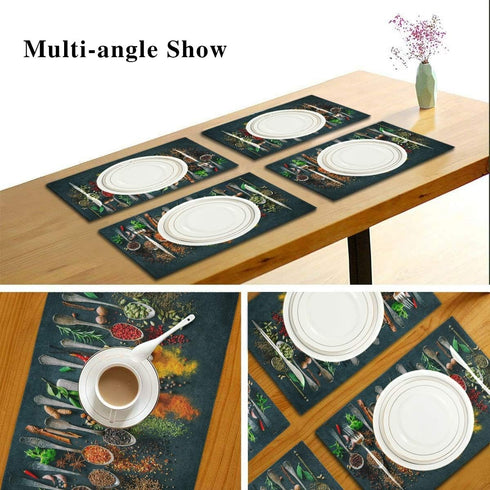 Cooking Herbs Spices Placemats Set of 4, Washable Non-Slip Heat Resistant Place Mats for Kitchen