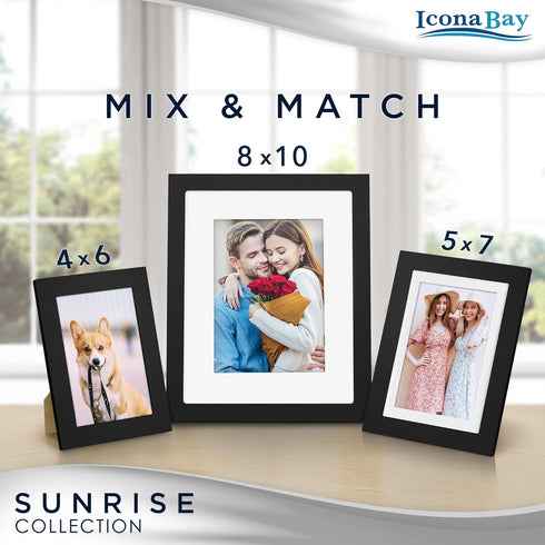 Icona Bay - 8x10 Black Picture Frame Mat to 5x7 - Painted Solid One-Piece Wood Composite, Modern Farmhouse