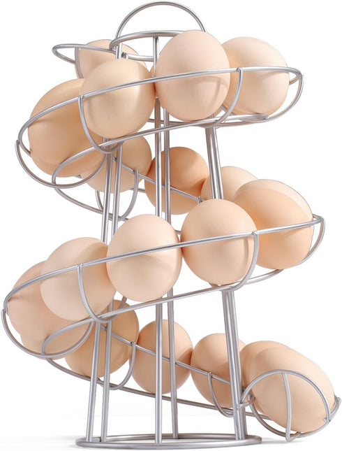 Flexzion Egg Skelter, Modern Spiral Countertop Egg Holder for Fresh Eggs, Freestanding Storage Rack, Silver
