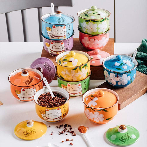 FUYU Hand-painted Flower Ceramic Condiment Pot, Seasoning Jar with Lid and Spoon