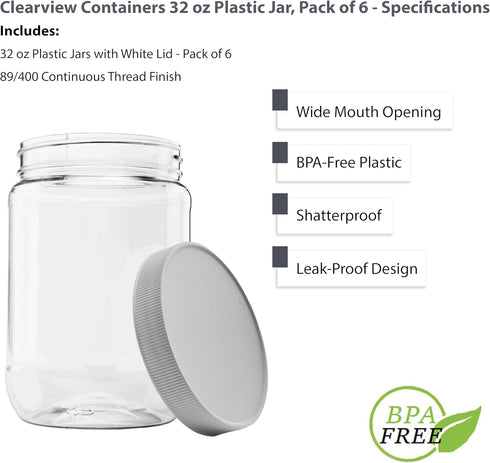 6 Pack of 32 Ounce Plastic Quart Jars with 89RM Leak Proof Seal Lid, Food Grade and BPA Free (32oz, 6pk)