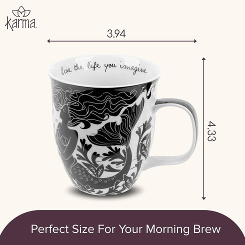 Karma Gifts 16 oz Black and White Boho Mug, Mermaid, Cute Ceramic Coffee Mug