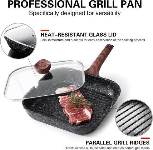 Nonstick 11 Inch Square Grilling Pan with Lid for Stove Tops, Granite Coating Grill Skillet for Indoor Cooking, PFOA