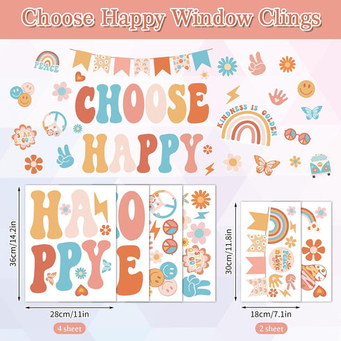 Retro Groovy Inspiration Choose Happy Window Clings, 6 Sheet Double Sided Boho Daisy Rainbow Positive Glass Decals for