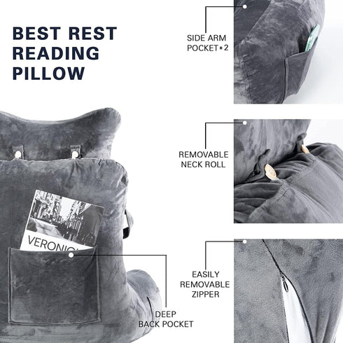 SLIGUY Reading Pillow-Bed Rest Pillow with Detachable Neck Roll & Support Arm for Sitting in Bed Couch