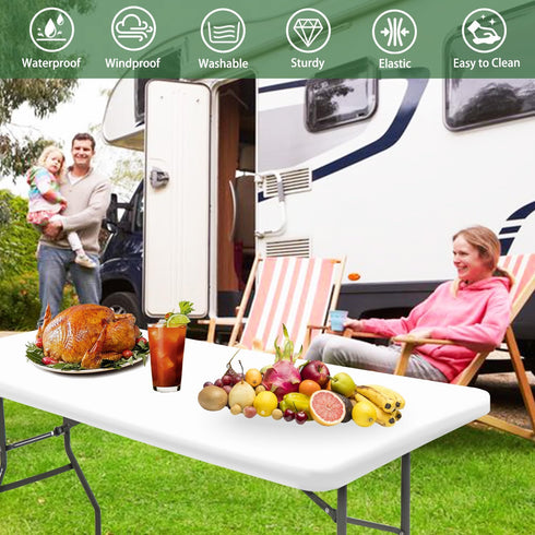 2 Pack 8 (White,30" 96") Picnic Table Cover Fitted Tablecloths Foot Rectangle Tables Elastic Waterproof Stretch