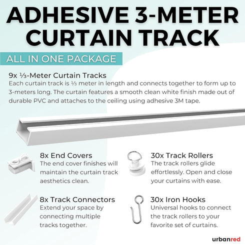 UrbanRed Self Adhesive Ceiling Curtain Track, 9.8FT (3m) for Smooth Wall, No Drill, Adhesive Curtain Rod