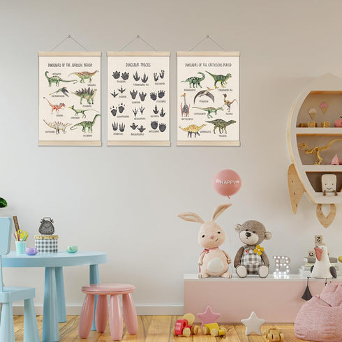 Set 3 16x12 Inch, of Dinosaur Posters Hanger Frame, Educational Artwork for Toddlers, Dinosaur Canvas Wall Art Kids