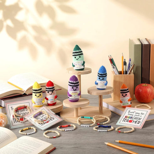 6 Set Teacher Appreciation Gifts Crayon Crochet Dolls with Thank You Teacher Bracelet Presents for Graduation End