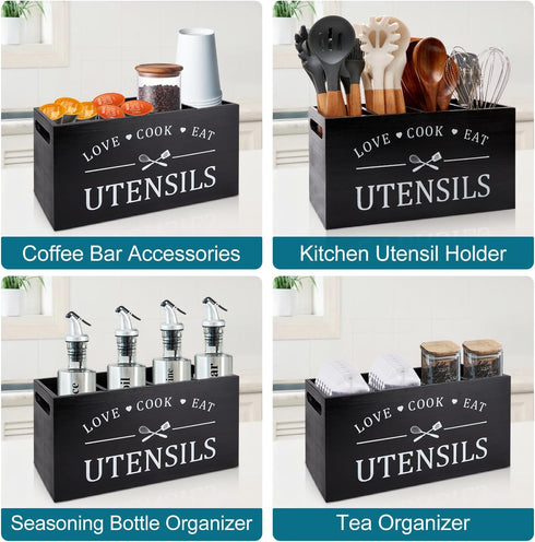 Black Farmhouse Utensil Holder for Kitchen Counter, Extra Large Caddy for Rustic Wood Kitchen Tool Decor