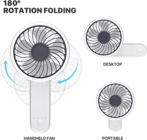 Mollie 3-Inch Mini USB Rechargeable Portable Handheld Fan, 3-Speeds Battery Operated for Travel, Camping, Office, Home