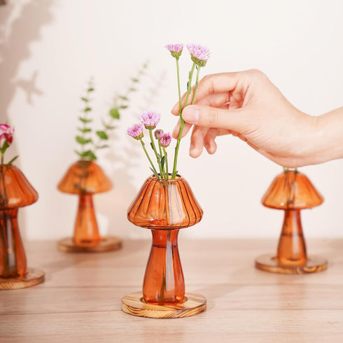 Set 4, NiHome Mushroom Glass Planter with Wooden Base of Cute Indoor Greenery Plant Propagation Stations,High