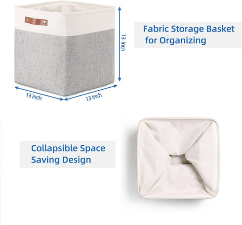 Temary 13 Inch Fabric Storage Cubes Baskets, Large Baskets with PU Leather Handle for Toys, Books, Blankets