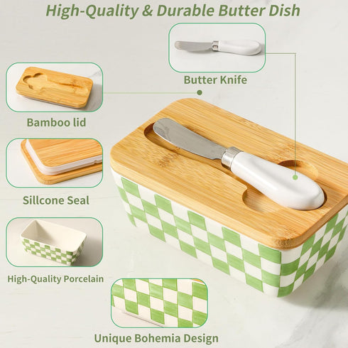 Countertop, Butter Dish with Lid, Large Butter Dish for Ceramic Butter Keeper Container with Knife and Silicone Sealing