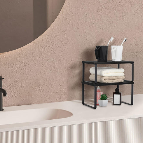 CADUKE Set of 4 Stackable Kitchen Counter Shelves, Expandable Wood Shelf Organizers for Pantry, Industrial Black