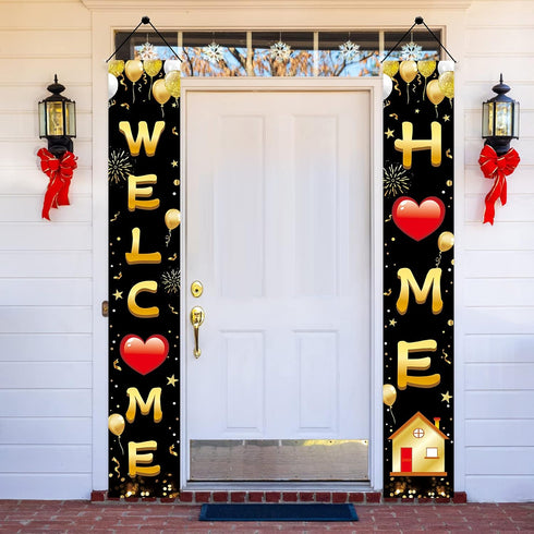 Welcome Home Door Banner Decoration, Black Gold Welcome Back Home Porch Banner for Outdoor Party Supplies