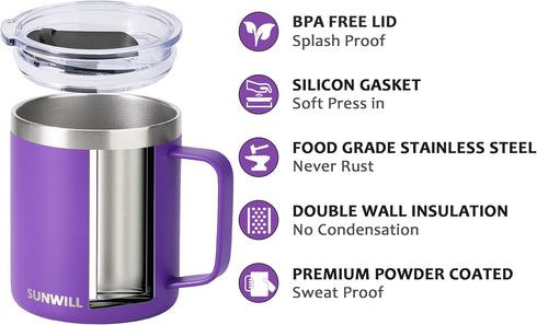 SUNWILL Insulated Coffee Mug with Lid, Travel Tumbler with Handle, 14 oz Stainless Steel Cup for Camping, Office, Home,