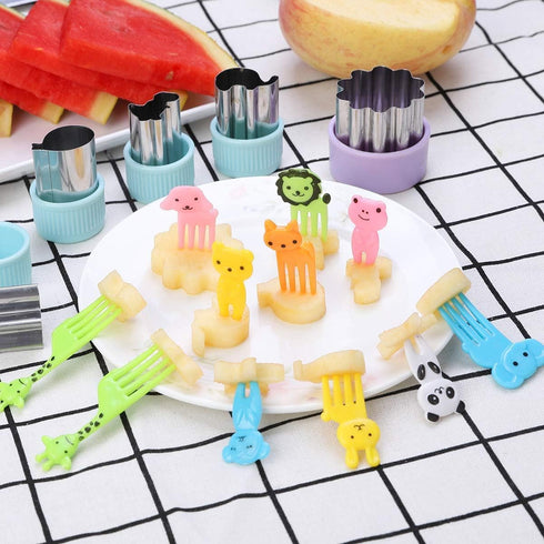 Vegetable Cutters Shapes Set, 20pcs Stainless Steel Mini Cookie Cutters + 20pcs Cute Cartoon Animals Food Picks