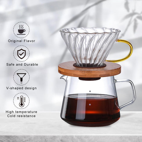 Gute Glass Coffee Dripper/Filter - Cone Glass Pour Over Coffee Dripper with Bamboo Stand for 1-4 Cups