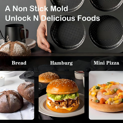 Hamburger Bun Pan, 5 Inch Non-Stick Carbon Steel Hamburger Mold, 4 Cup Big Baking Pan for Homemade Hamburger Buns