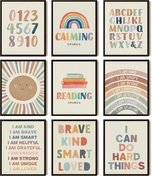 SEHSUVC Baby Alphabet 1 2 3 Wall Art Set of 9, Number Rainbow