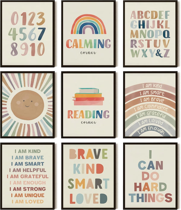 SEHSUVC Baby Alphabet 1 2 3 Wall Art Set of 9, Number Rainbow