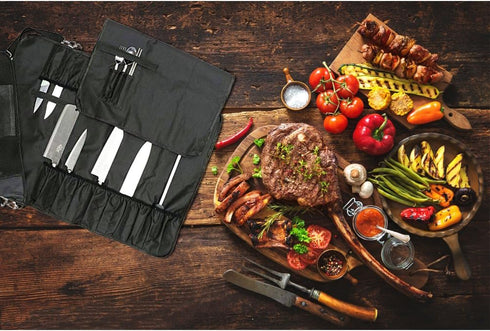 HERSENT Chef Knife Roll Bag with 17 Slots, Holds 13 Knives, 1 Meat Cleaver, Durable with Handle & Shoulder Strap