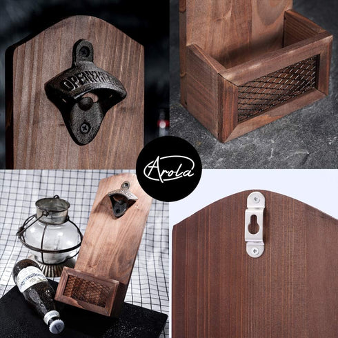 Vintage Wooden Wall Mounted Bottle Opener with Cap Collector Catcher, Ideal Gift for Beer Lovers