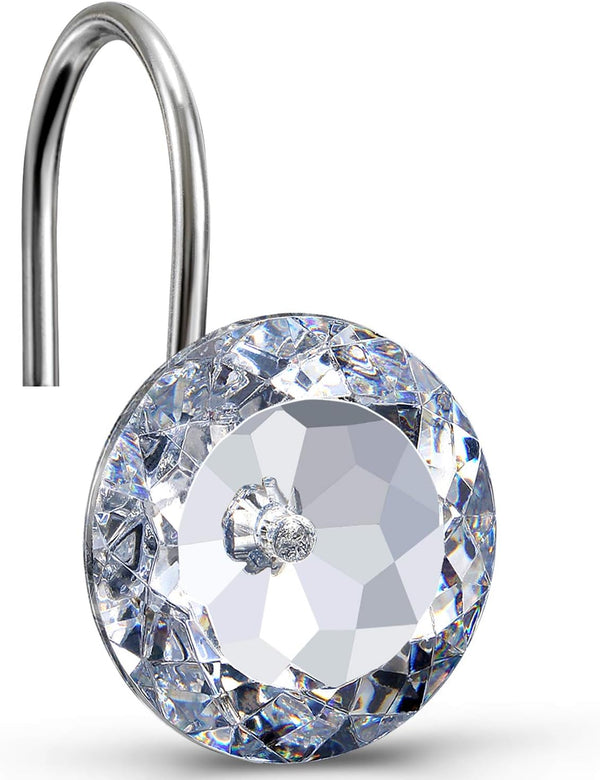 CHICTIE Set of 12 Crystal Decorative Shower Curtain Hooks, Stainless Steel Rust Resistant White Round Diamond