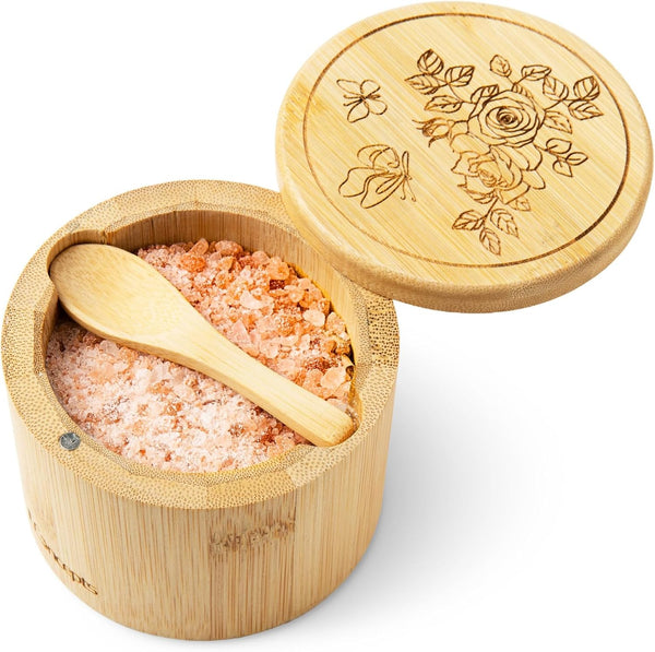 ILConcepts Bamboo Salt Cellar Storage Box, Bowl with Magnetic Swivel Lid and Spoon,